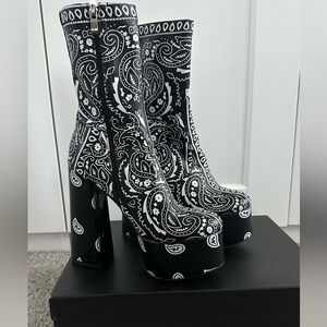 Black Paisley Platform Booties - Women's High Block Heels